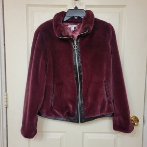Bar III Faux-Fur Zip-Front Jacket Zippered Wine Small